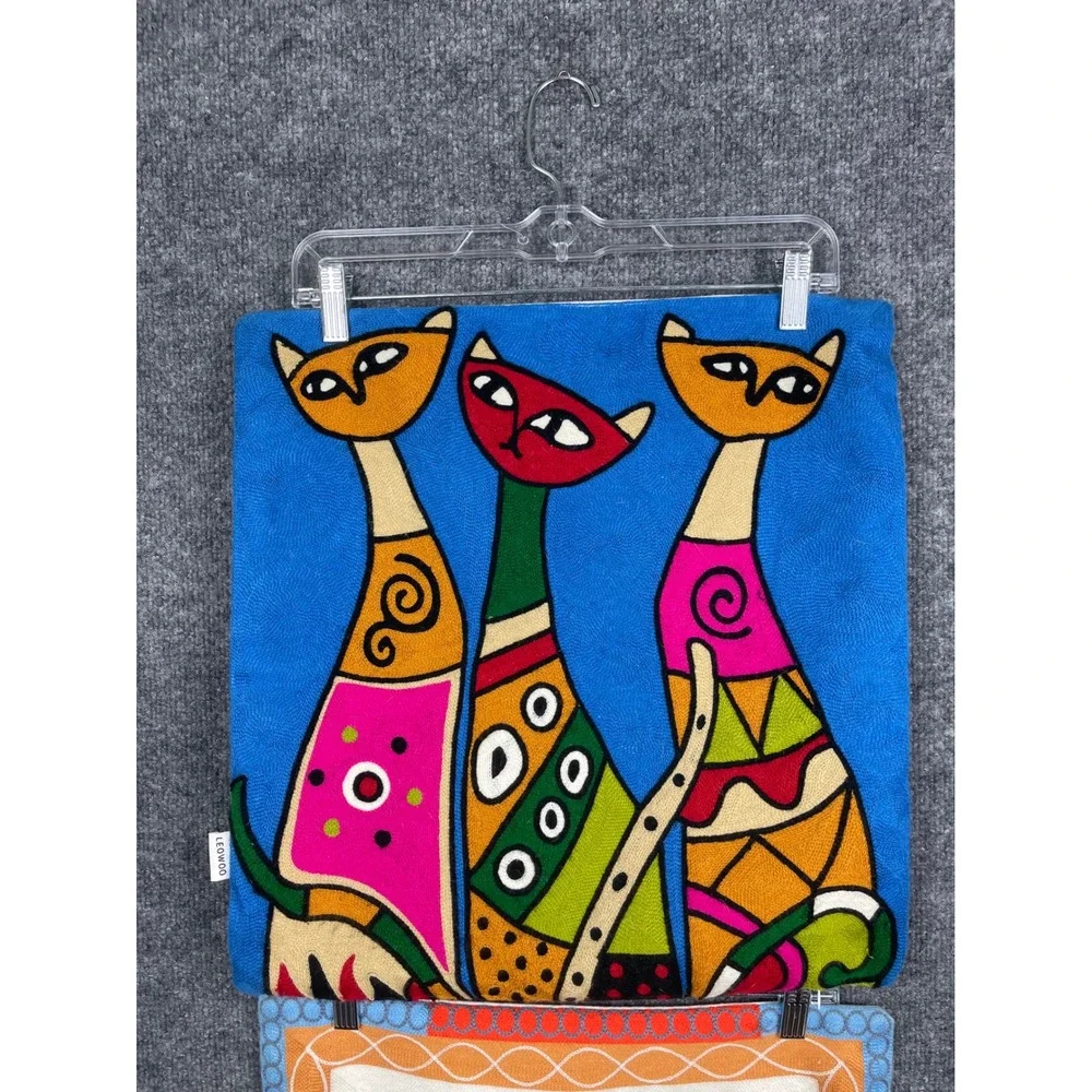 Leowoo Cat Pillow Covers Set of 2 OS Multicolor Excellent Embroidered Folk Art